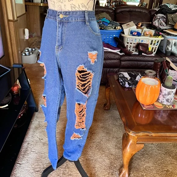 High Rise Jeans for Women Trendy 90s Denim Straight Leg Jeans orange thread rips - Picture 15 of 16